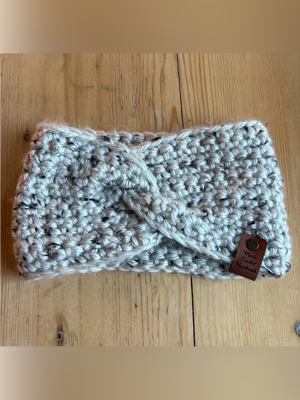 Handmade chunky twisted crochet headband or ear warmer. Gray with Heart Tag. EUC